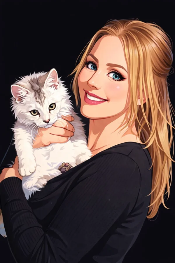 Sweet Luna’s original illustrated portrait of Jenny holding a kitten