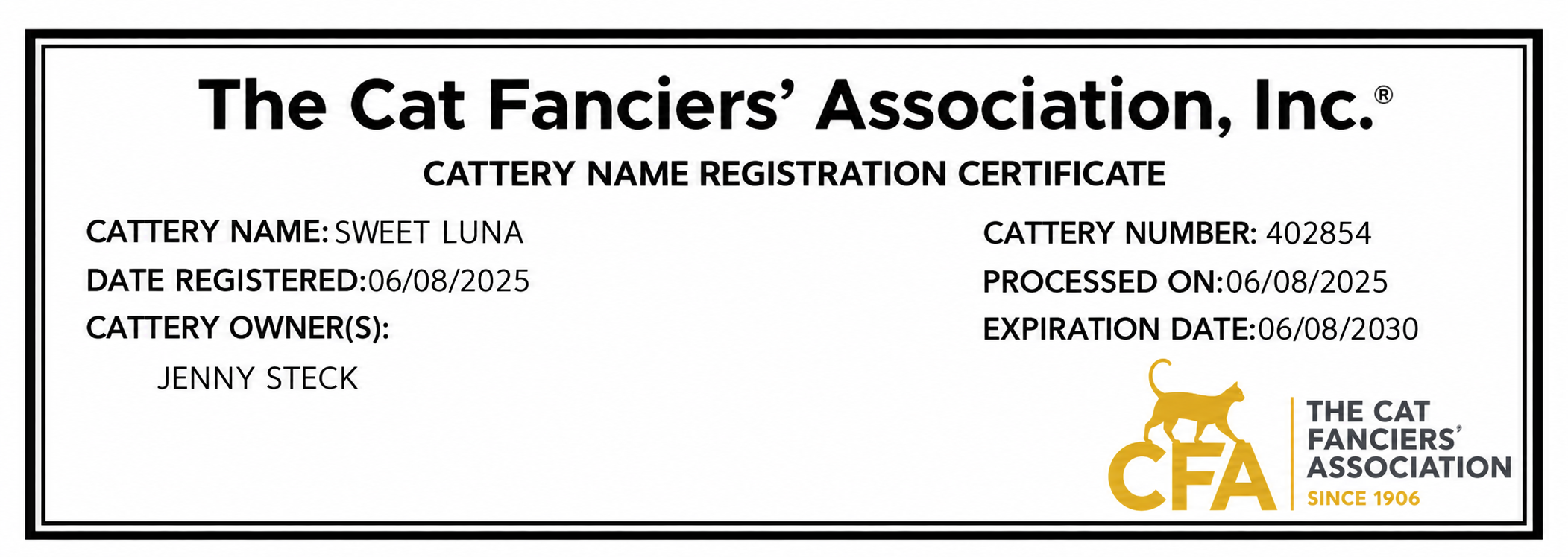 CFA cattery name registration certificate for Sweet Luna, cattery number 402854, registered June 8, 2025, expires June 8, 2030